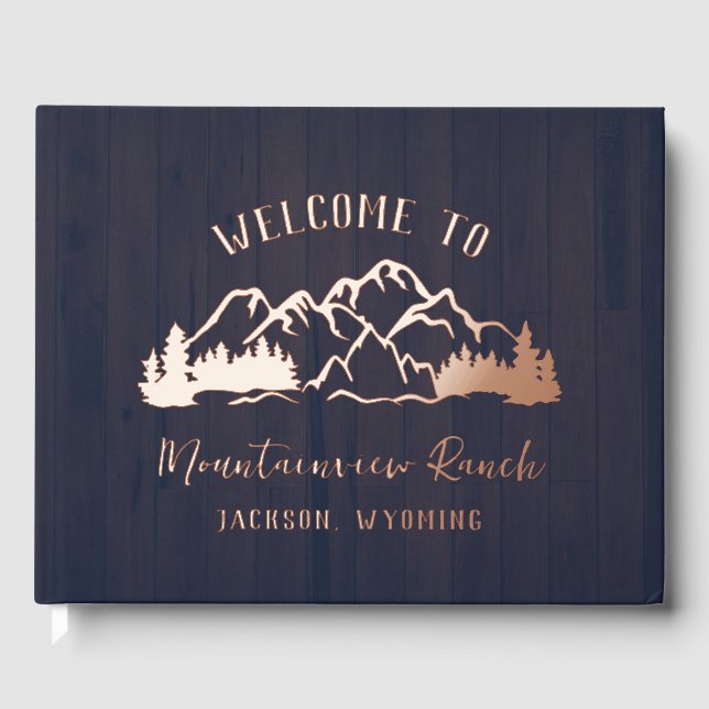 Rustic Dark Blue Wood Mountain Landscape Gästebuch (Vorderseite)