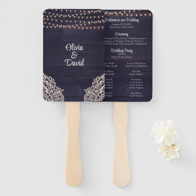 Rustic Dark Blue Wood String Light Wedding Program Fächer (Vorne und Hinten)