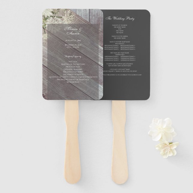 Rustic Dark Gray Wood Floral Wedding Program Fächer (Vorne und Hinten)