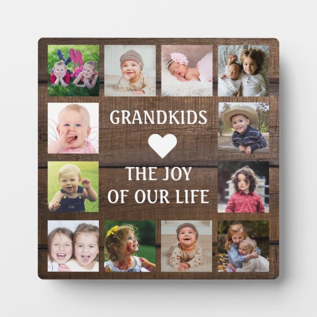 Rustic Dark Wood Grandkids Quote 12 Foto Collage Fotoplatte (Vorderseite)