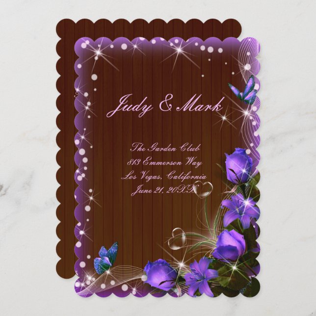 Rustic Dark Wood Lila Floral Wedding Card Einladung (Vorne/Hinten)