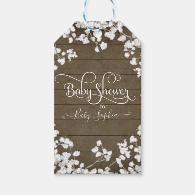 Rustic Dark Wood White Floral Script Baby Dusche Geschenkanhänger (Vorderseite)