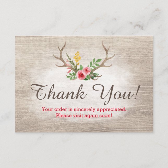Rustic Deer Antler Bohemisches Blumenholz Vielen D Dankeskarte (Vorderseite)