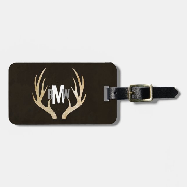 Rustic Deer Antler Monogram Gepäckmarke | Grunge Gepäckanhänger (Vorderseite horizontal)