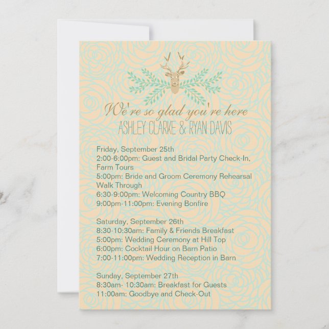 Rustic Deer Antler Wedgewochenende ITINERARY Card Einladung (Vorderseite)