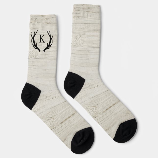 Rustic Deer Antler White Wood Mit Monogramm Unisex Socken (Rechts)