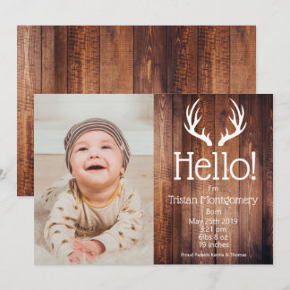 Rustic Deer Antlers Barn Wood Birth Ankündigung
