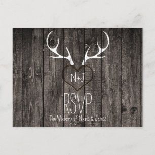Rustic Deer Antlers & Carved Heart Wedding RSVP Einladungspostkarte