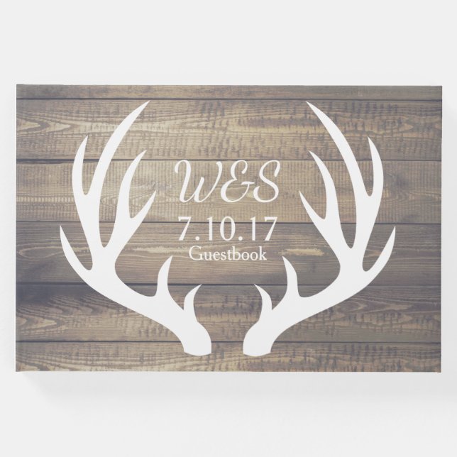 Rustic Deer Antlers Country Farmhouse Wood Wedding Gästebuch (Vorderseite)