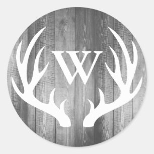 Rustic Deer Antlers Gray Barn Wood   Monogramm Runder Aufkleber