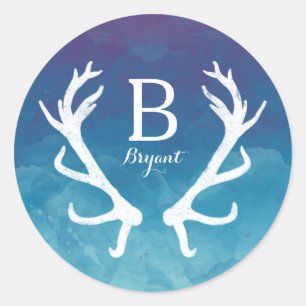 Rustic Deer Antlers Monogram Blue Watercolor Runder Aufkleber