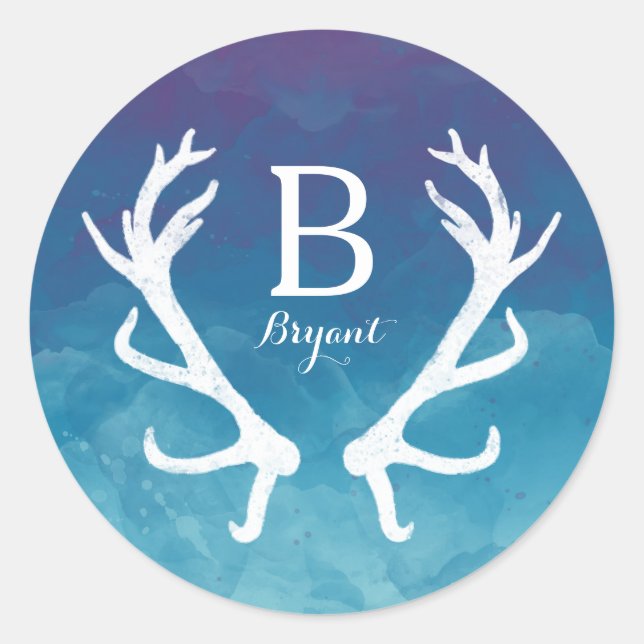 Rustic Deer Antlers Monogram Blue Watercolor Runder Aufkleber (Vorderseite)