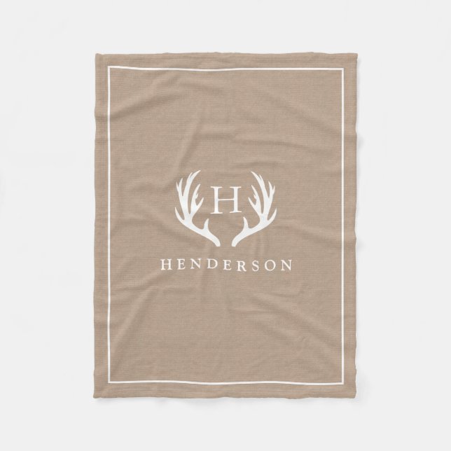 Rustic Deer Antlers Monogram Burlap Fleecedecke (Vorderseite)