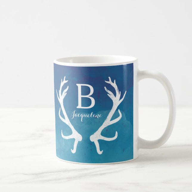 Rustic Deer Antlers Monogram Watercolor Blue Tasse (Rechts)