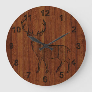 Rustic Deer carved in wood Effect Große Wanduhr