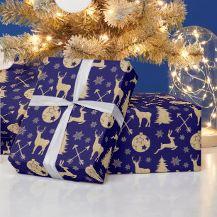 Rustic Deer Gold Weihnachtsmuster auf Blue Geschenkpapier