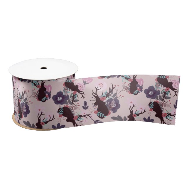 Rustic Deer Head Mauve Floral Baby Girl Dusche Satinband (Spule)
