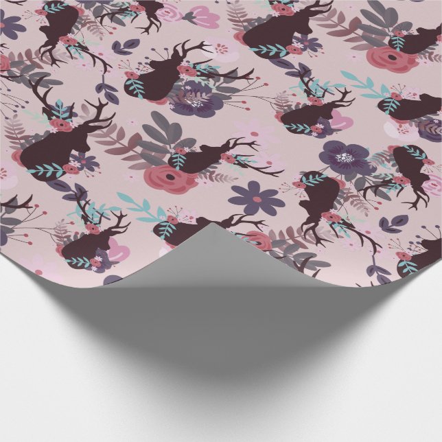 Rustic Deer Head Mauve Floral Girl Baby Dusche Geschenkpapier (Ecke)