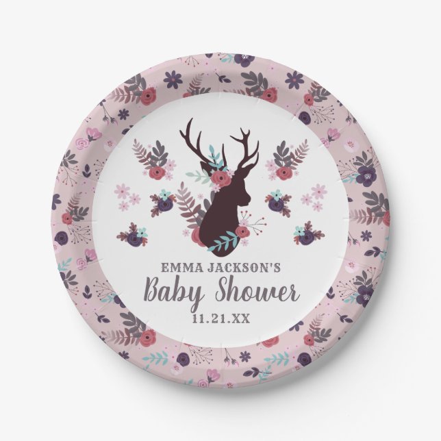 Rustic Deer Head Mauve Floral Girl Baby Dusche Pappteller (Vorderseite)