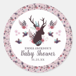 Rustic Deer Head Mauve Floral Girl Baby Dusche Runder Aufkleber