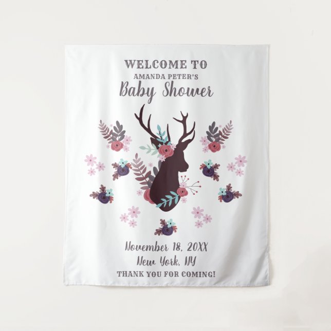 Rustic Deer Head Mauve Floral Girl Baby Dusche Wandteppich (Vorderseite)