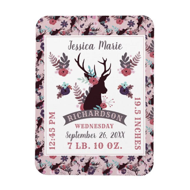 Rustic Deer Head New Baby Girl Birth Record Stats Magnet (Vertikal)