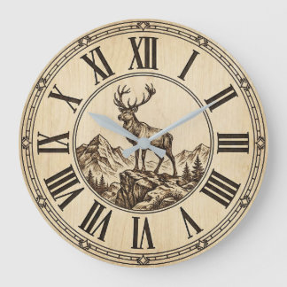 Rustic Deer Mountain Wall Clock | Wood-Look Cabin  Große Wanduhr