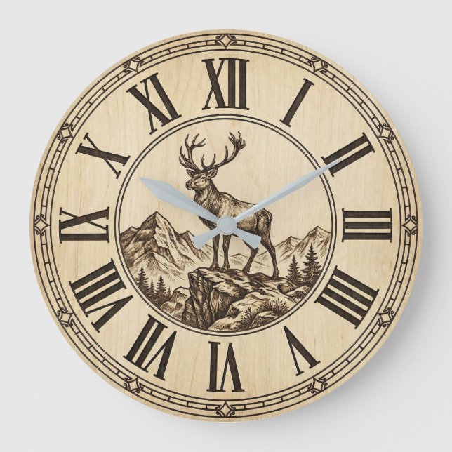 Rustic Deer Mountain Wall Clock | Wood-Look Cabin  Große Wanduhr (Vorderseite)