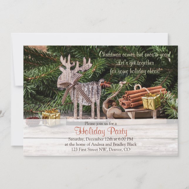 Rustic Deer Sleigh Weihnachtsfeier Einladung (Vorderseite)