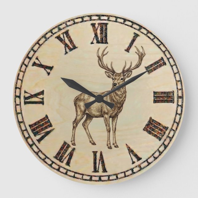 Rustic Deer Wall Clock – Woodland Wildlife Art Große Wanduhr (Vorderseite)