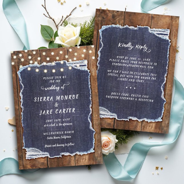 Rustic Denim Lights Country Cowboy RSVP Wedding Einladung (cowboy wedding invitation rsvp details country chic denim rustic barn lights backyard outdoors)