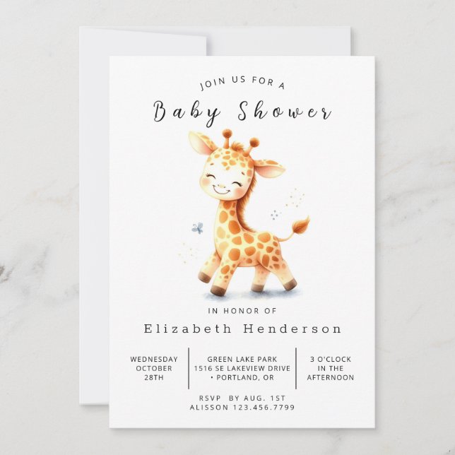 Rustic Digital Giraffe Baby Dusche Einladung (Vorderseite)