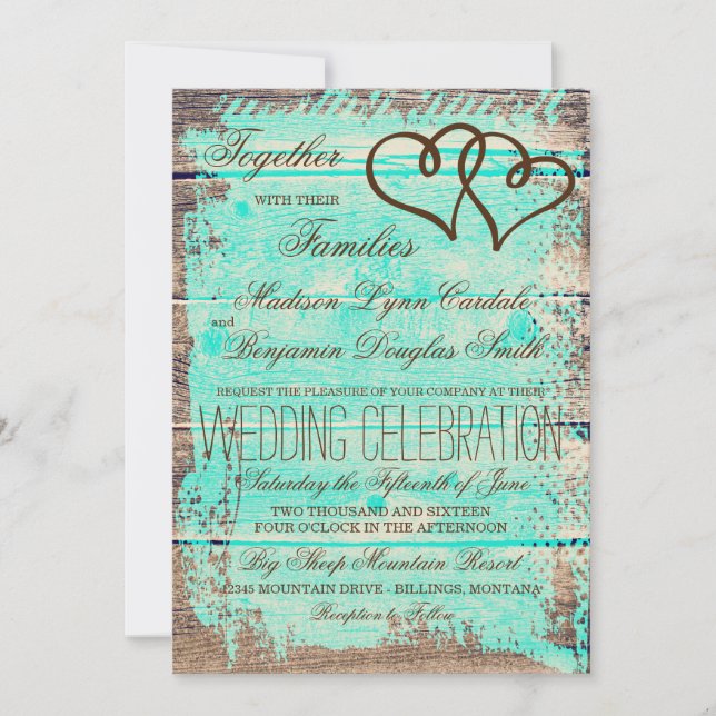 Rustic Double Hearts Aqua Wood Wedding lädt ein Einladung (Vorderseite)
