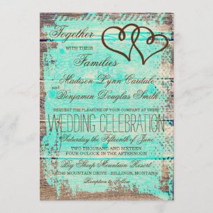 Rustic Double Hearts Aqua Wood Wedding lädt ein Einladung