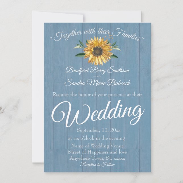 Rustic Dusty Blue Barn Wood Sunflower Wedding Invi Einladung (Vorderseite)