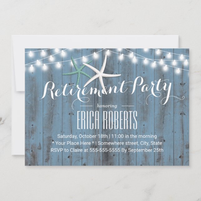 Rustic Dusty Blue Beach Starfish Party Einladung (Vorderseite)