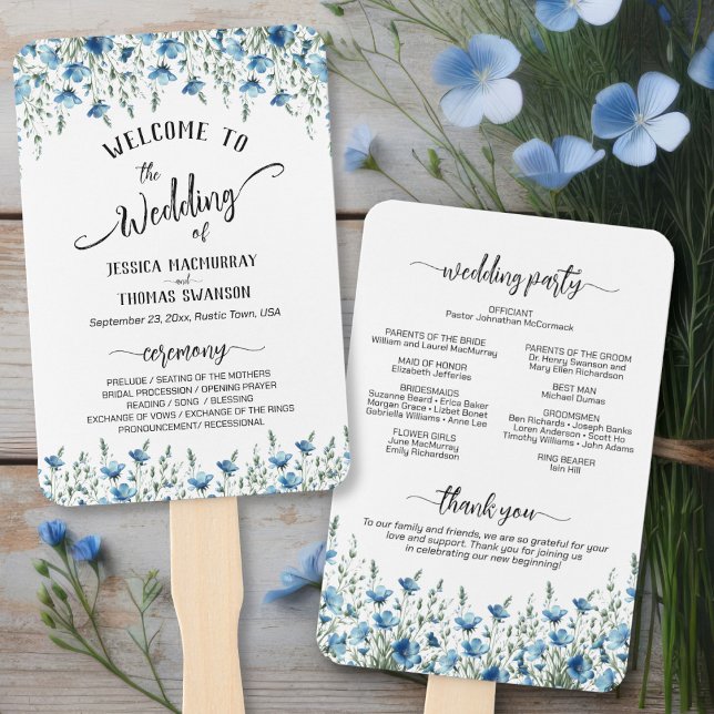 Rustic Dusty Blue Boho Wildblumen Hochzeitsprogram Fächer (Front/Back)