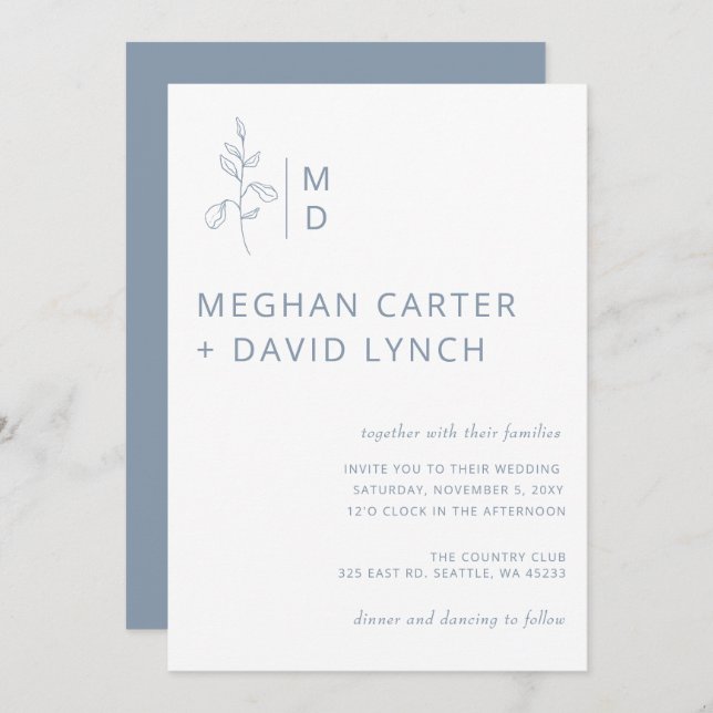 Rustic Dusty Blue Botanical Monogram Wedding Invi Einladung (Vorne/Hinten)