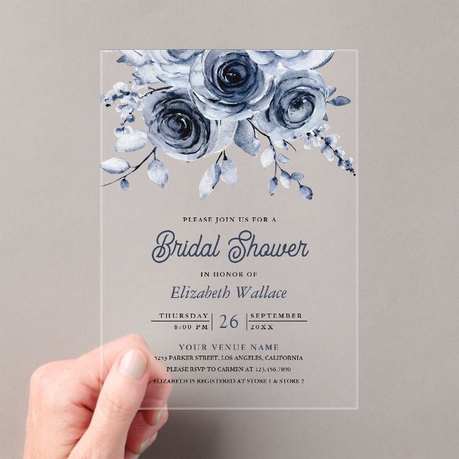 Rustic Dusty Blue Floral Bridal Shower Acryleinladungen (Insitu (Handheld))