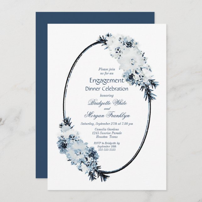 Rustic Dusty Blue Floral Verlobung Dinner Party Einladung (Vorne/Hinten)