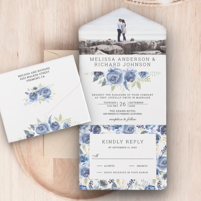 Rustic Dusty Blue Gray Foto Wedding All In One Einladung (Von Creator hochgeladen)