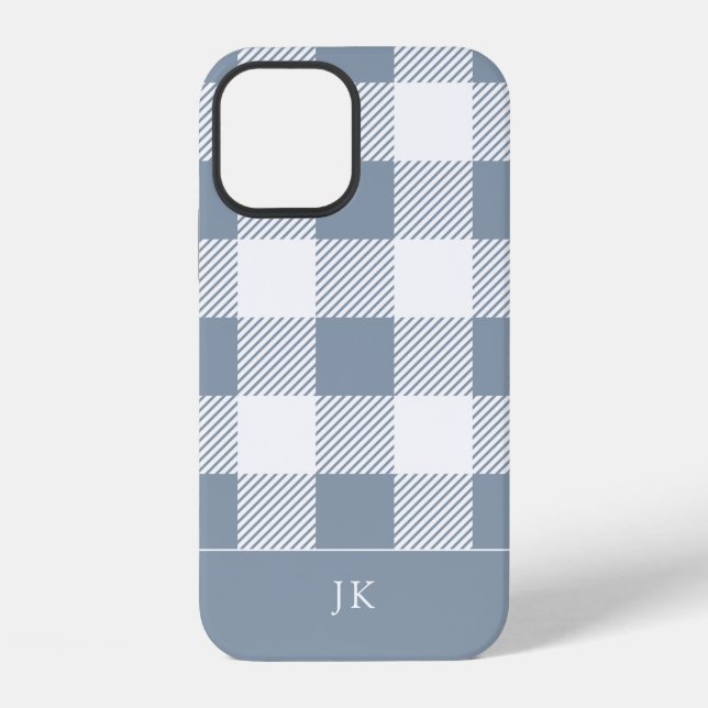 Rustic Dusty Blue Kariert Pattern Monogram iPhone Hülle (Rückseite)