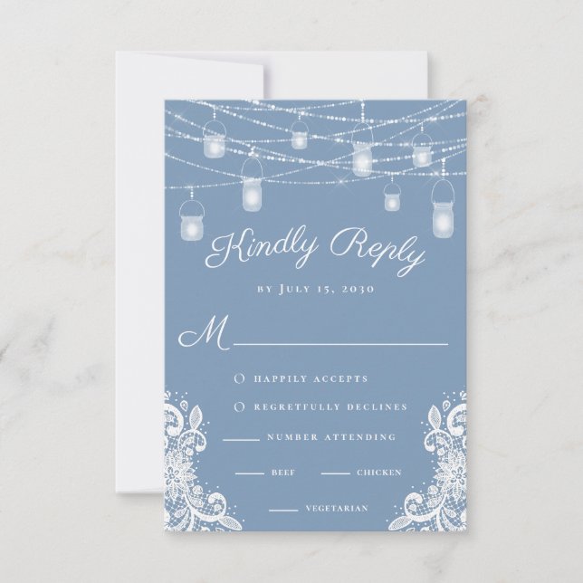 Rustic Dusty Blue Lights Wedding RSVP Card (Vorderseite)