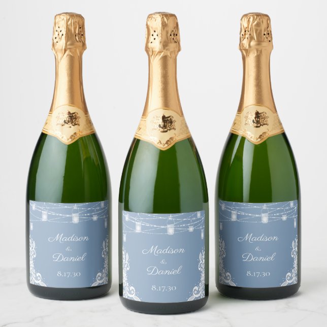 Rustic Dusty Blue Lights Wedding Sparkling Wine L (Flaschen)