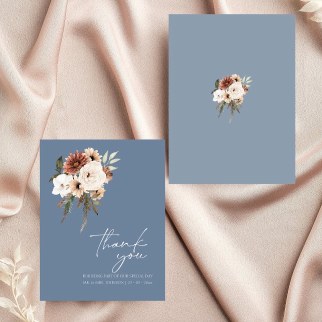 Rustic Dusty Blue Peach Floral Wedding Vielen Dank Dankeskarte (Elegant Dusty Blue Peach Floral Wedding Thank You)