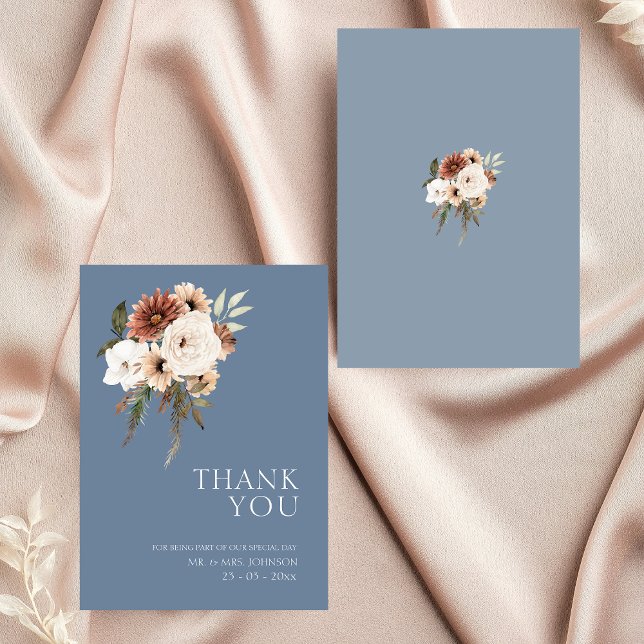 Rustic Dusty Blue Peach Floral Wedding Vielen Dank Dankeskarte (Elegant Dusty Blue Peach Floral Wedding Thank You)