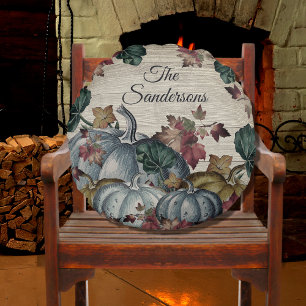 Rustic Dusty Blue Pumpkin Herbstlaubs Holz rund Rundes Kissen