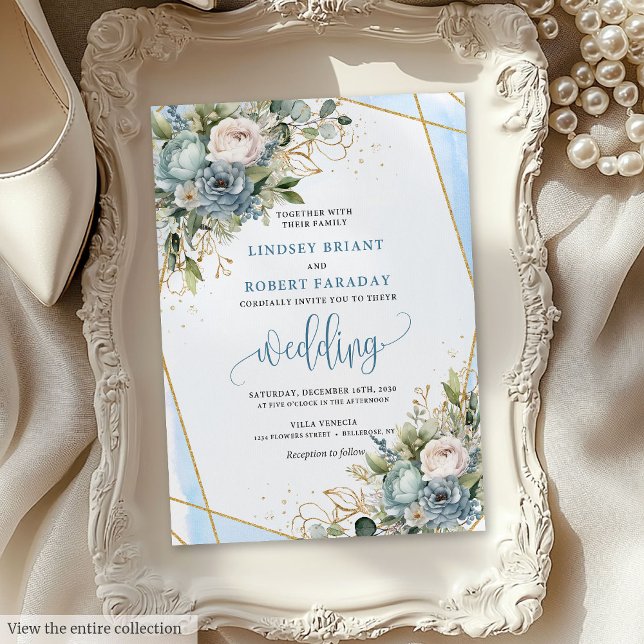 Rustic Dusty Blue Sage Gold Floral Wedite Einladung (Rustic Dusty Blue Sage Gold Floral Wedding Invite)