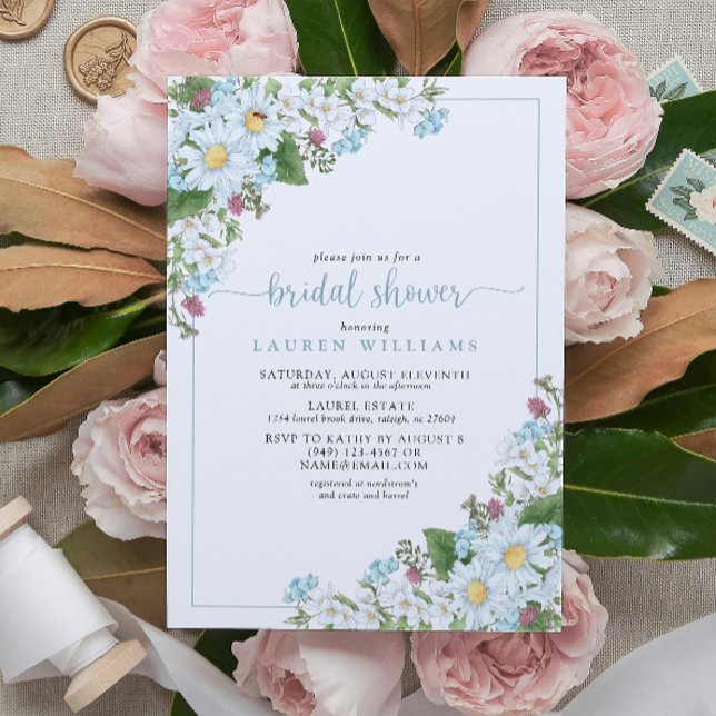 Rustic Dusty Blue Script Wildblume Brautparty Einladung (Rustic Dusty Blue Script Wildflower Bridal Shower Invitation!)