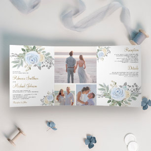 Rustic Dusty Blue und Elfenbein Hochzeit mit Flora Dreifach Gefaltete Einladung